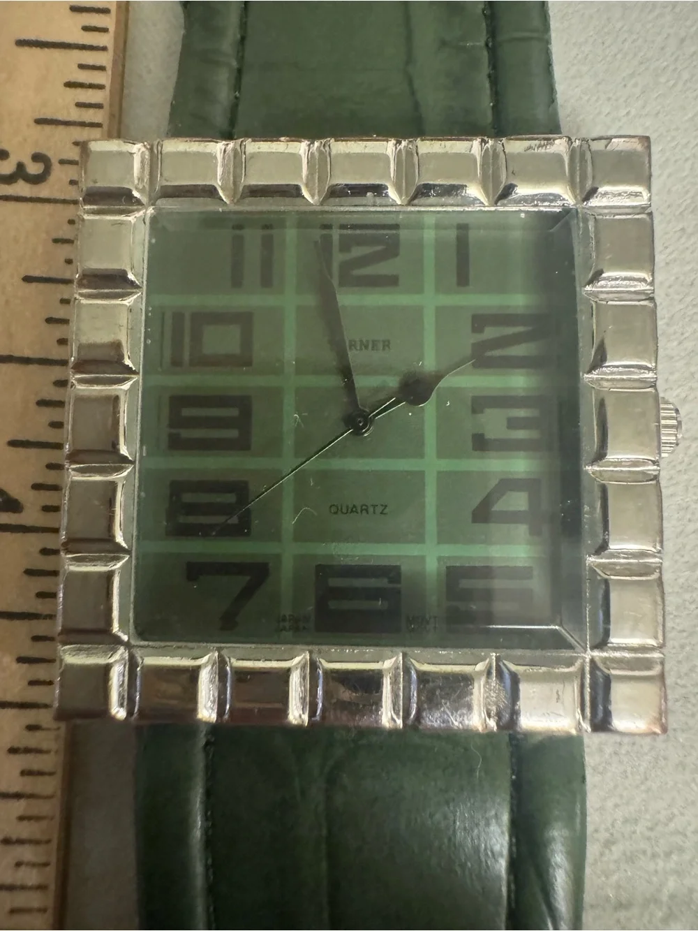 Bijoux Terner Green Leather Strap Digital Watch with Silver-Tone Case